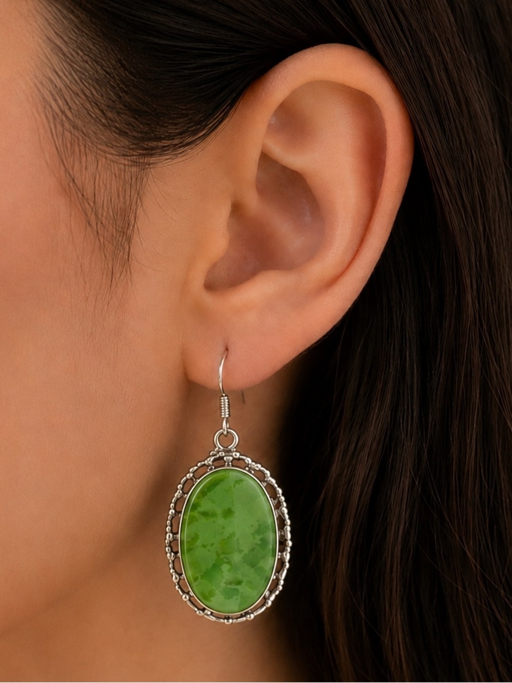 Vintage Southwestern Sterling Silver Green Gemstone Dangle Hook Earrings 925